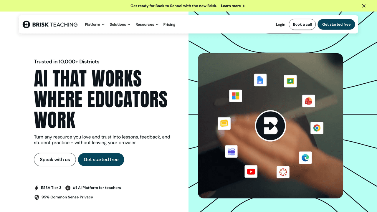 Brisk Teaching interface screenshot - A Chrome extension putting AI feedback, marking and lesson tools inside Google Docs, Slides and Classroom. Free to install, schools quoted on request.