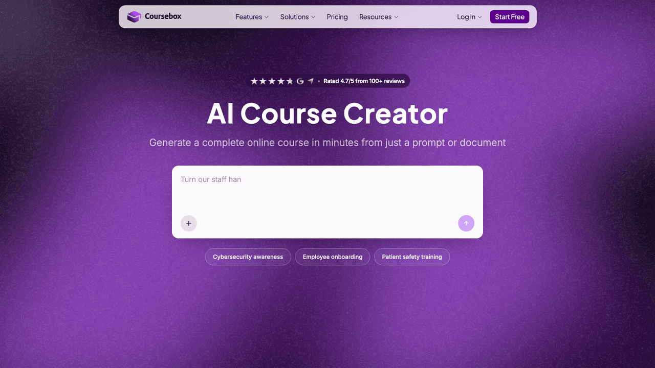 Coursebox AI interface screenshot - Builds a full course from a prompt or an uploaded document, with quizzes, images, AI video and an AI tutor, then hosts it or exports to SCORM and LTI.
