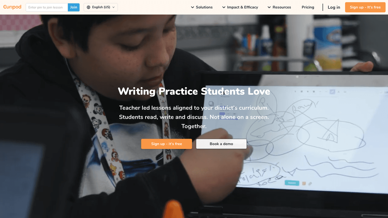 Curipod interface screenshot - Builds interactive lessons with polls, drawings and writing prompts, then runs them live with the class. Free for every teacher, districts quoted on request.