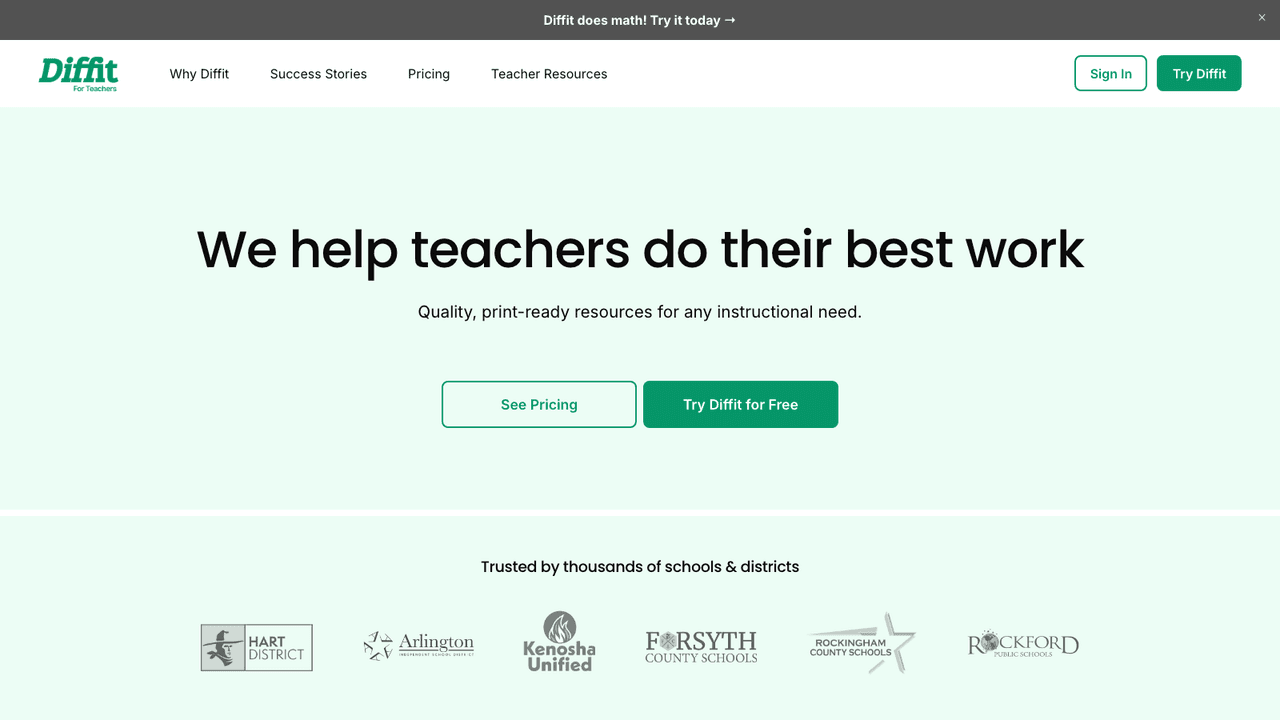 Diffit interface screenshot - Takes an article, topic or YouTube video and produces reading material at the level each student needs, with vocabulary, questions and graphic organizers.