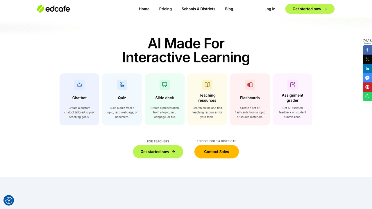 Edcafe AI interface screenshot - A teacher toolkit of twelve AI generators plus student-facing chatbots and automatic graders, including a quiz builder that works from a YouTube link.