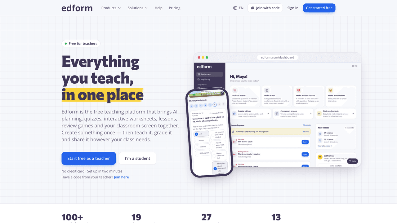 Edform interface screenshot - Edform gives teachers AI lesson planning, auto-graded quizzes, interactive worksheets, live review games and a classroom screen in one free online platform.