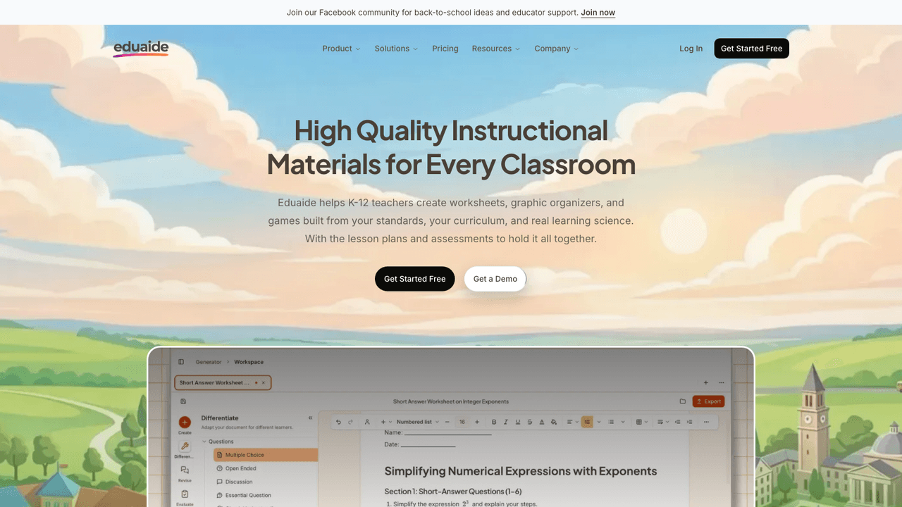 Eduaide.ai interface screenshot - Builds worksheets, lesson and unit plans, assessments, rubrics and classroom games through guided workflows and short forms rather than prompt writing.