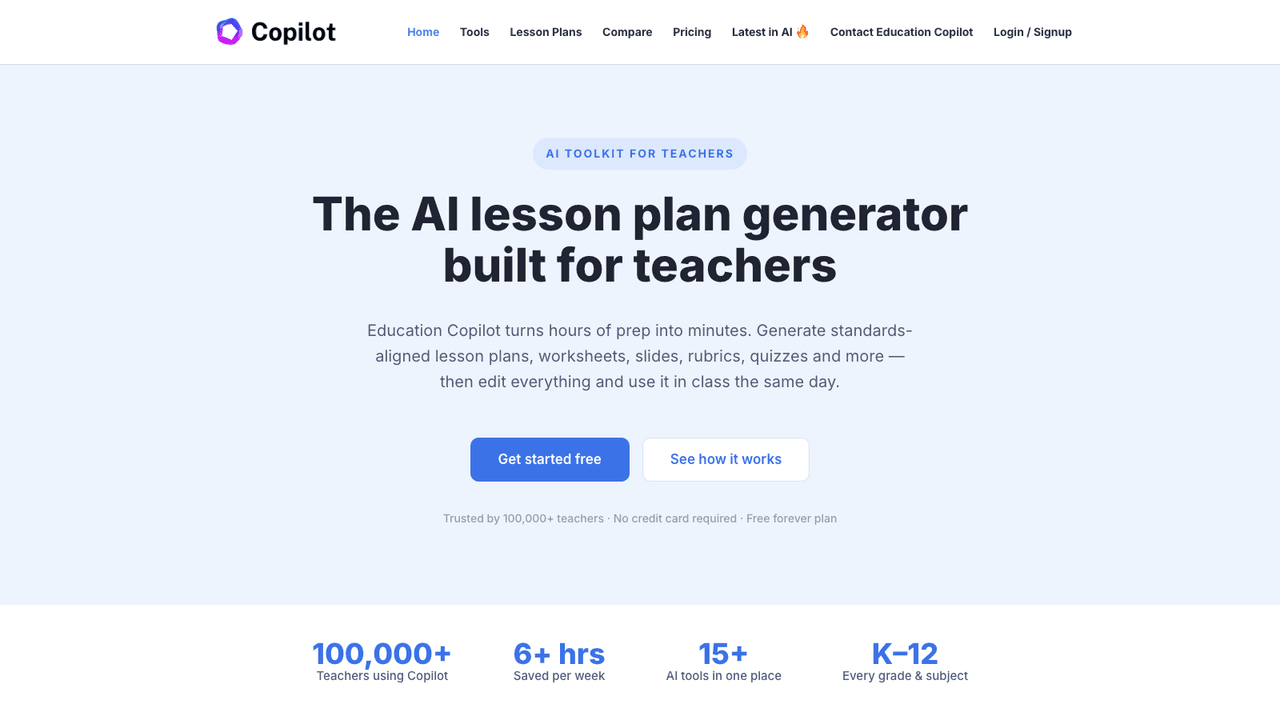 Education Copilot interface screenshot - Generates lesson plans, handouts, rubrics and report comments from a topic and a grade level. Free tier forever, Pro at 12 USD a month billed monthly.