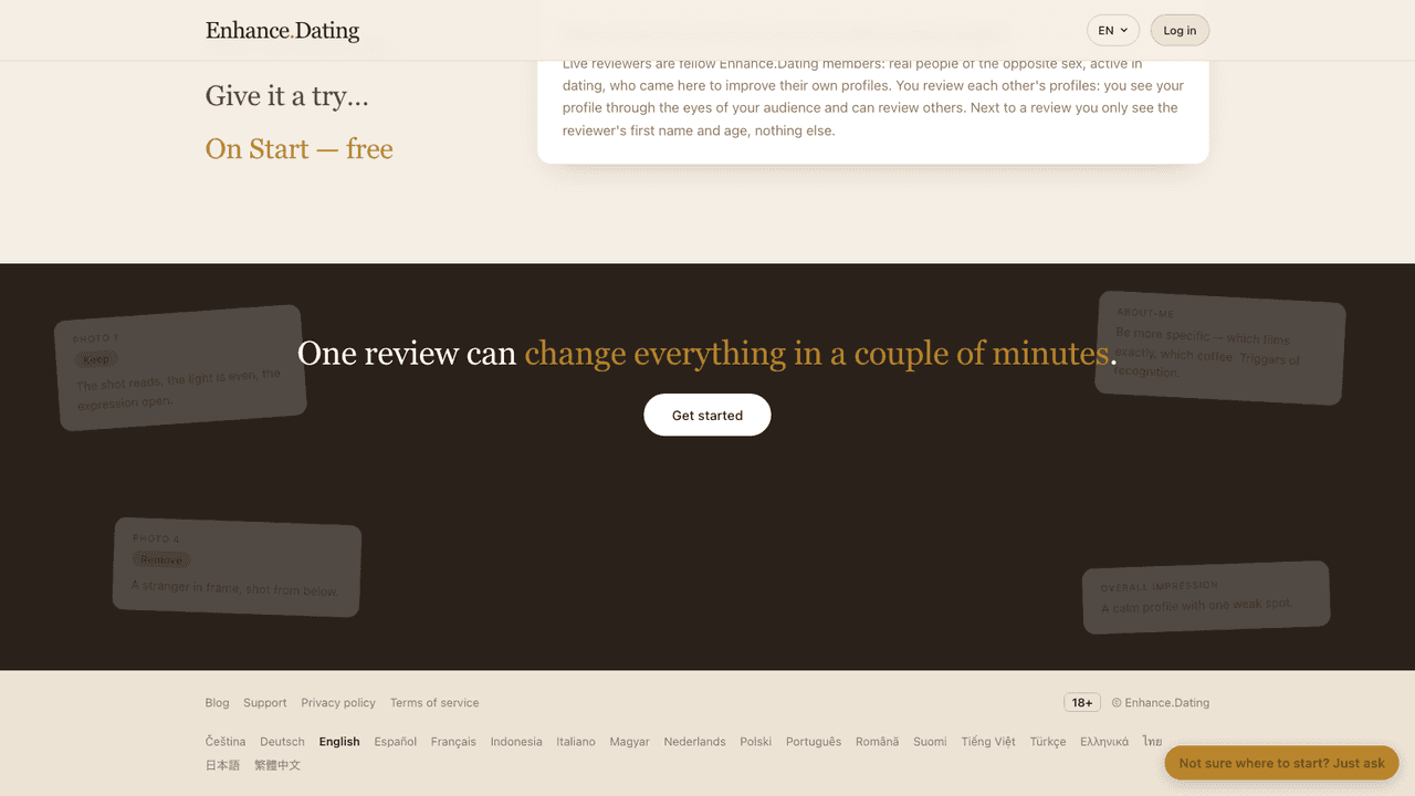 Enhance.Dating interface screenshot - Enhance.Dating uses AI plus feedback from real people to rate and improve your dating profile: photo selection, bio building, full reviews, and message help.