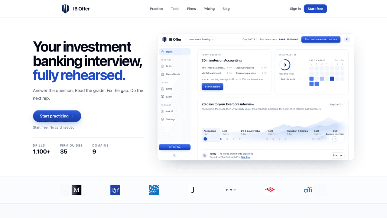IB Offer interface screenshot - IB Offer is an AI-graded finance interview-prep platform with role-based drills, scores, model answers, Ask IB coaching, and 35 firm-specific prep guides.