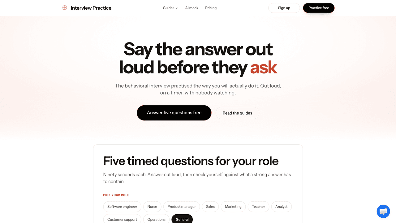 Interview Practice interface screenshot - Interview Practice is an AI mock-interview tool that asks role-based questions, times your answers, and gives AI feedback so you can rehearse before the day.