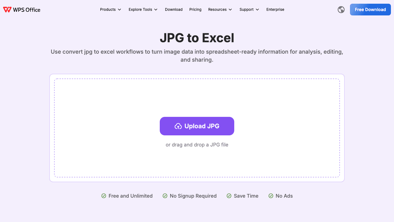 WPS JPG to Excel screenshot
