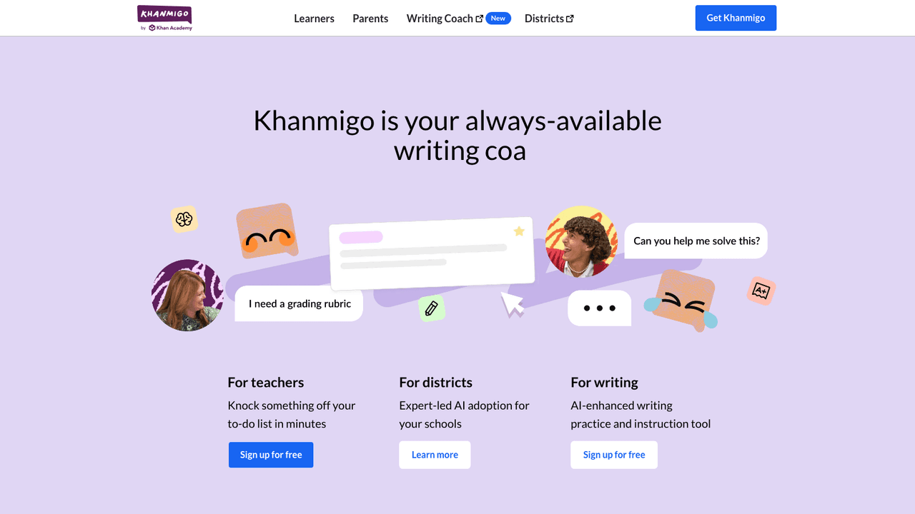 Khanmigo interface screenshot - Khan Academy's AI tutor and teaching assistant. Free for teachers, and 4 USD a month for learners and families, from a non-profit rather than a startup.