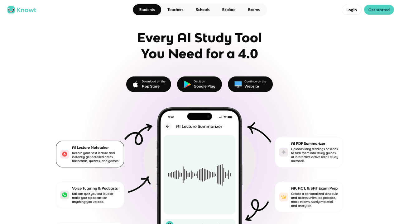 Knowt interface screenshot - Upload a PDF, slide deck or lecture recording and Knowt turns it into flashcards, study guides, practice quizzes and a voice tutor that quizzes you aloud.