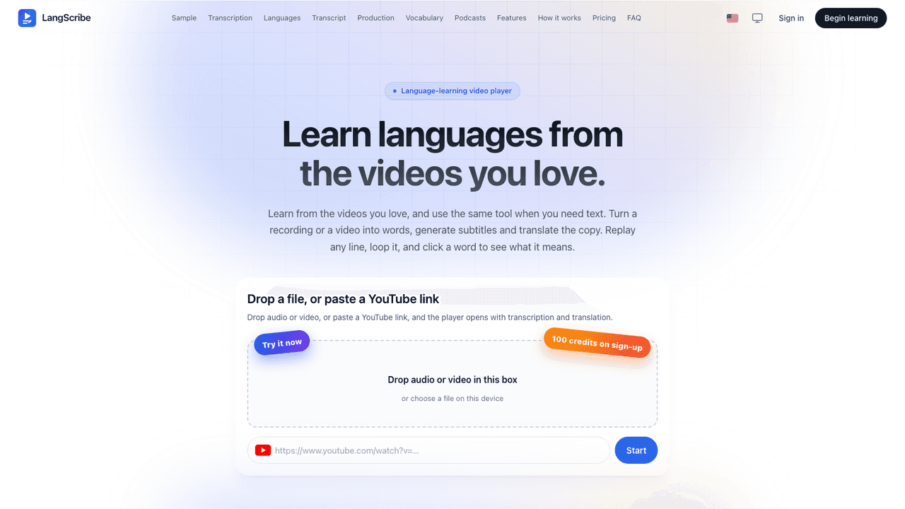 LangScribe interface screenshot - LangScribe is a language-learning video player with bilingual subtitles, line loops and word lookup, plus AI transcription and translation in 99 languages.