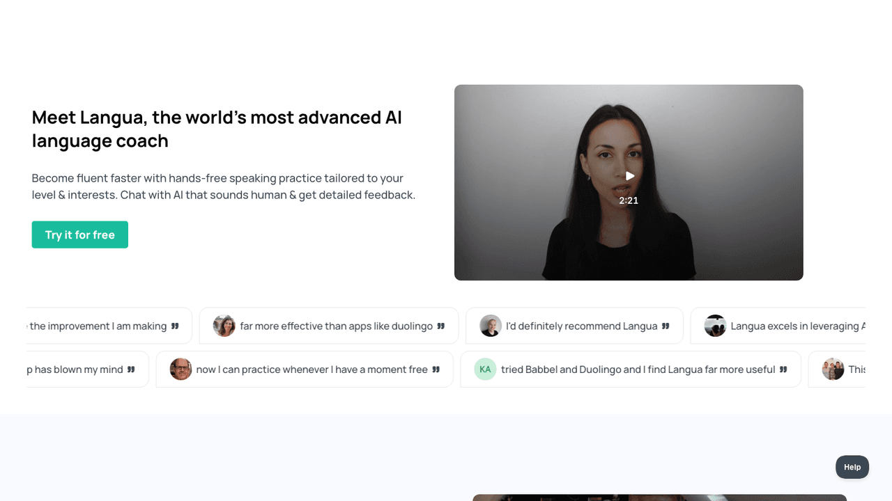 Langua interface screenshot - Hands-free spoken practice with an AI language partner that corrects you as you speak, slows down on request and makes flashcards from words you used.