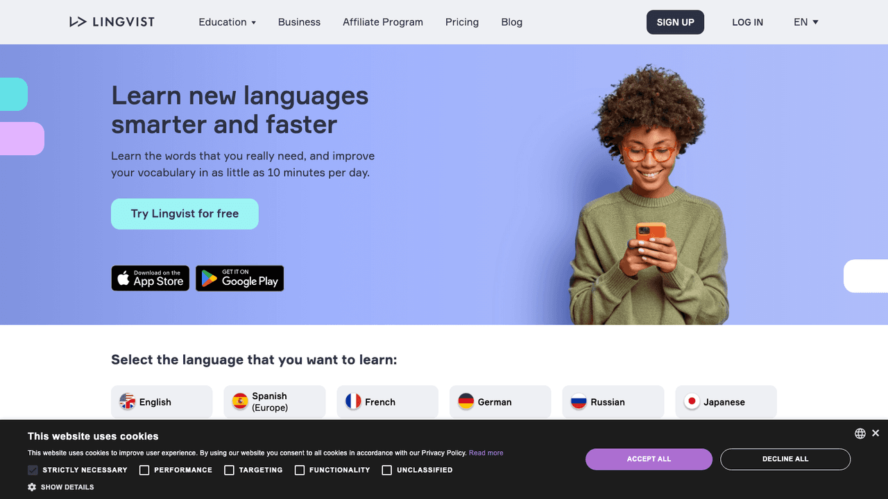 Lingvist interface screenshot - Places you by testing the words you already know, then drills the vocabulary you need next, in context sentences, across more than 50 language courses.