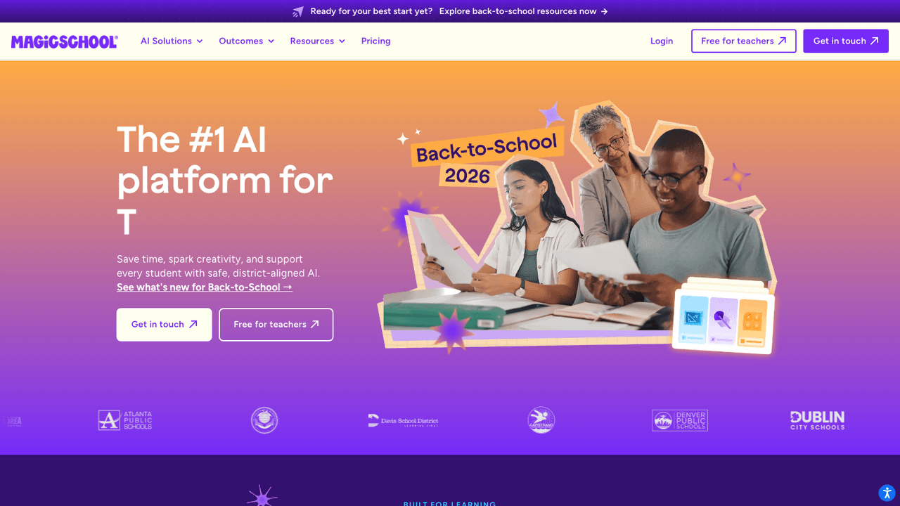 MagicSchool interface screenshot - Over 80 AI tools for teachers covering lesson planning, IEPs, rubrics and parent letters. Free tier for individuals, 12.99 USD a month for the Plus plan.