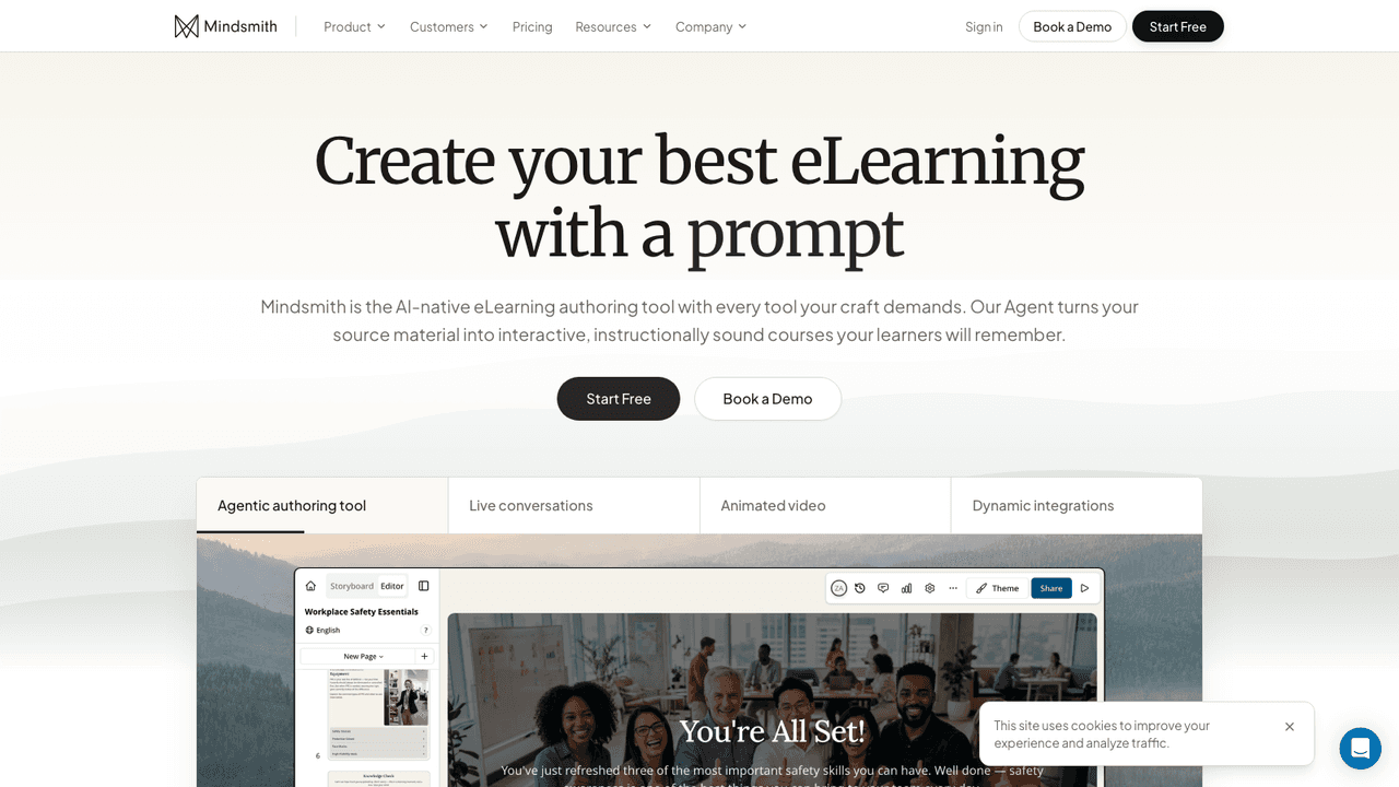 Mindsmith interface screenshot - An AI-native authoring studio where an agent turns slides, SOPs, video and SME documents into interactive lessons, shared by link, embed or SCORM export.