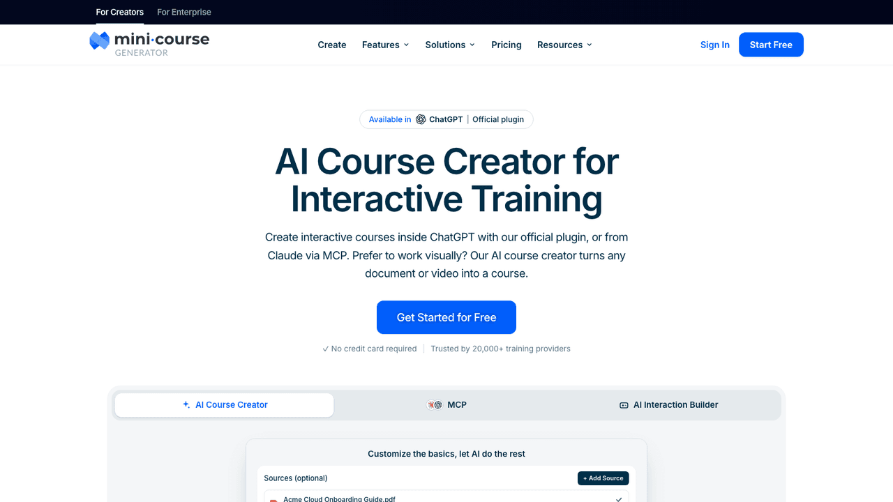 Mini Course Generator interface screenshot - Turns a document or a YouTube video into a short interactive course with quizzes, badges and certificates, and ships an MCP server and a ChatGPT plugin.