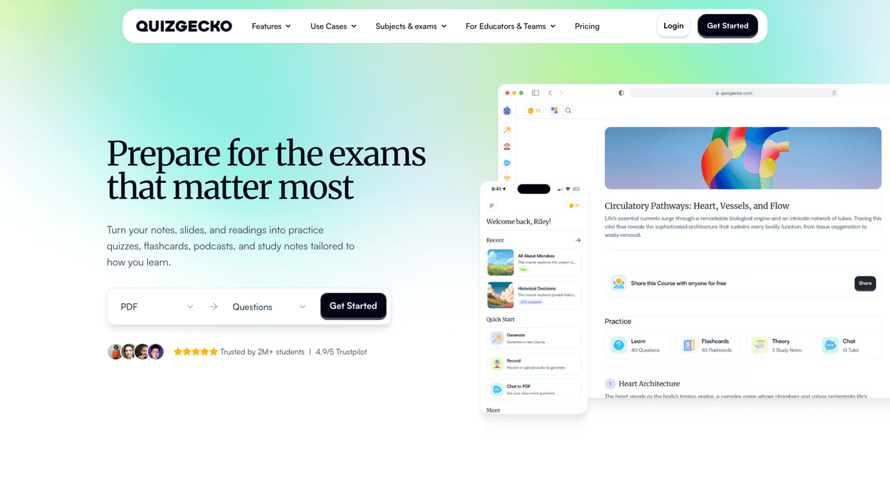 Quizgecko interface screenshot - Feeds a file, URL or pasted text into AI-built courses with quizzes, flashcards, study notes and audio podcasts, with LMS export on the top paid tier.