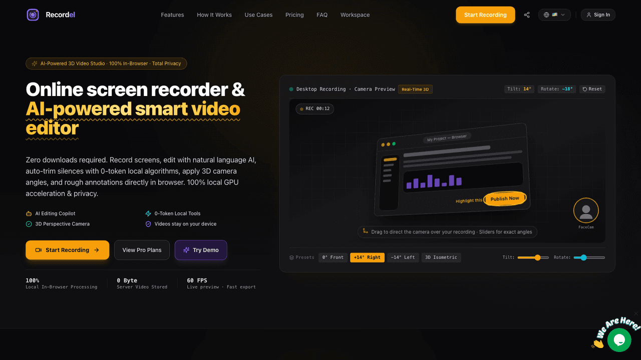 Recordel interface screenshot - Browser-based screen recorder with an AI editor: local Whisper captions, silence trimming and 3D camera moves, and video that never leaves your device.