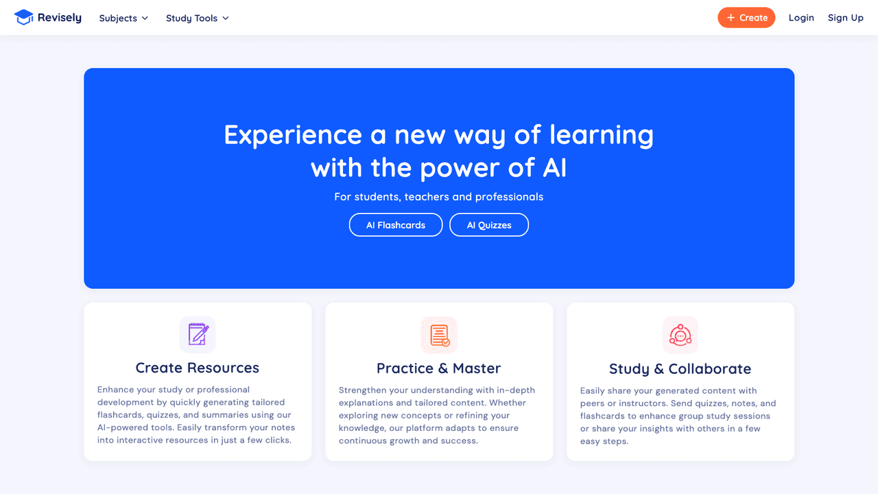 Revisely interface screenshot - Exam revision with unlimited flashcards, quizzes and notes on the permanent free tier, plus AI generation from your own material on the cheap paid plan.