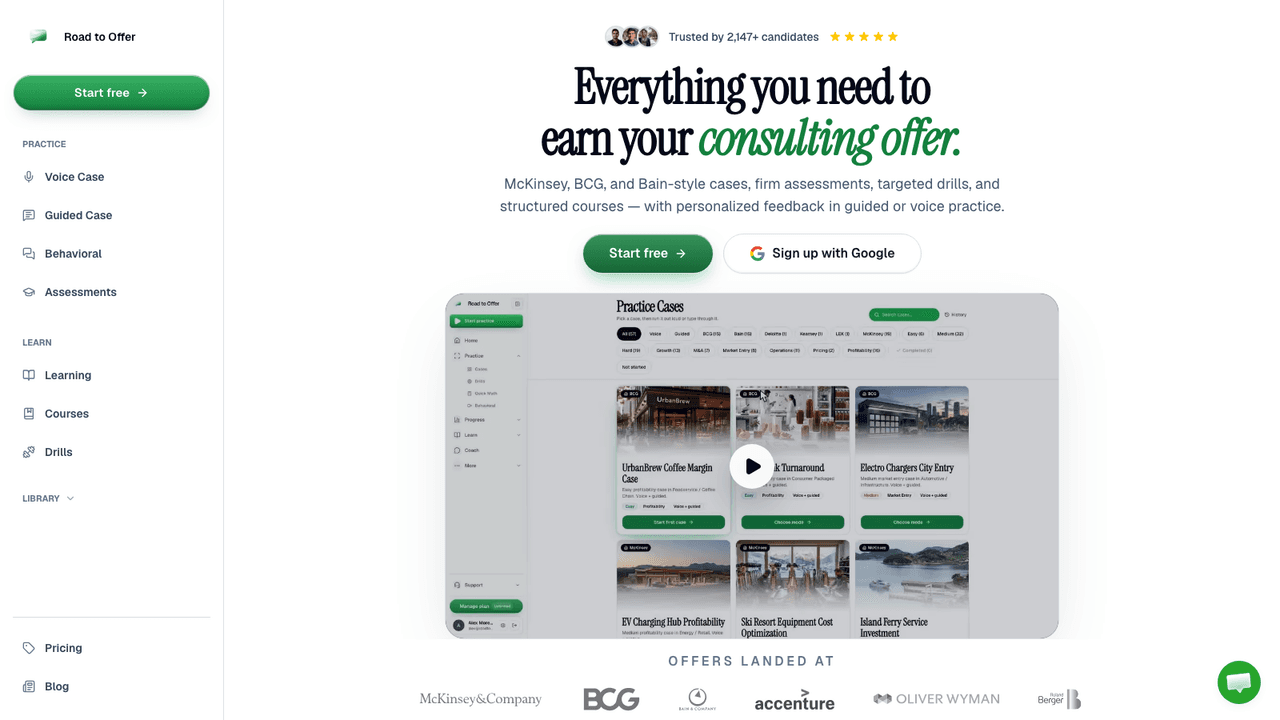 Road to Offer interface screenshot - Practice McKinsey, BCG and Bain-style case interviews out loud or step by step, with a 7-category scored debrief, targeted drills and structured courses.