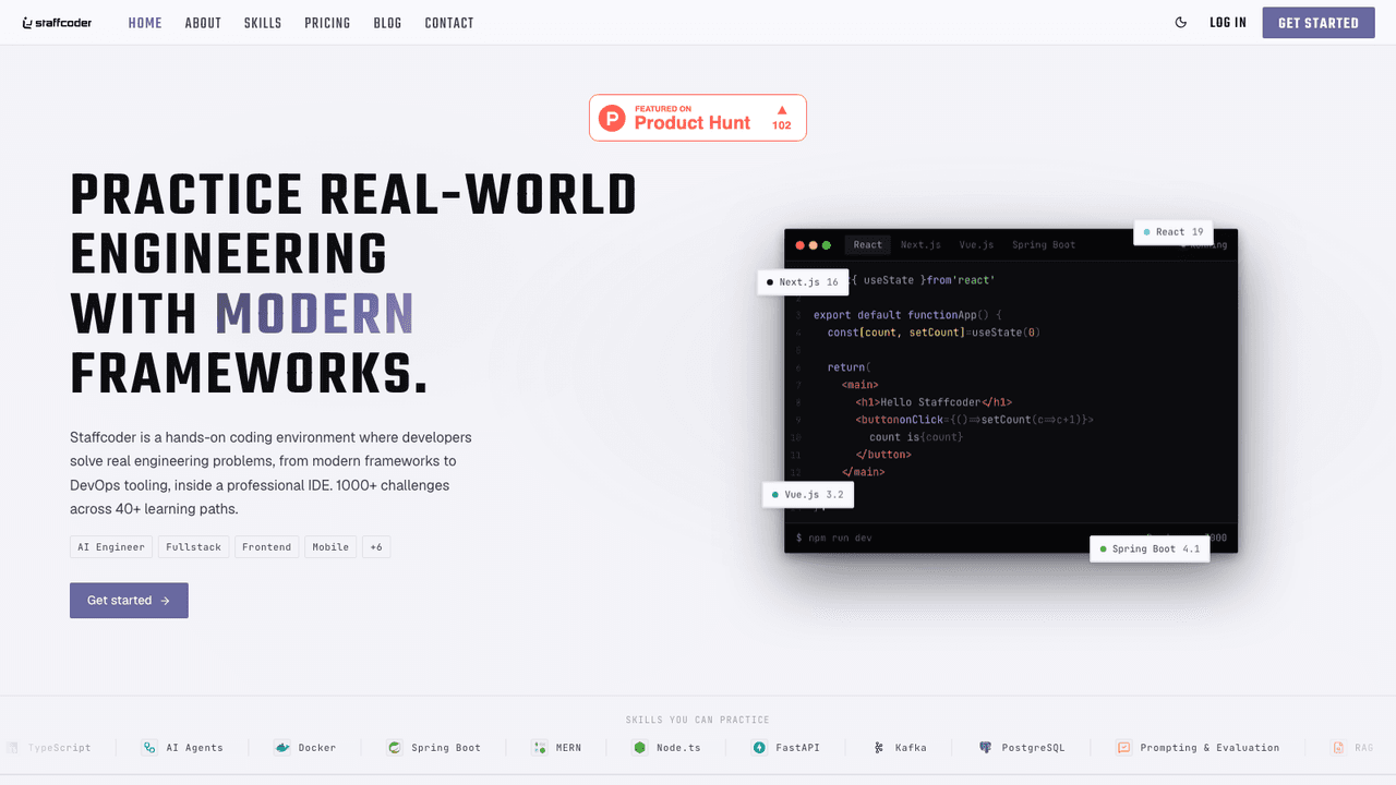 Staffcoder interface screenshot - Staffcoder runs real-world coding challenges in a full browser IDE against actual frameworks, with learning paths, progress tracking and live contests.