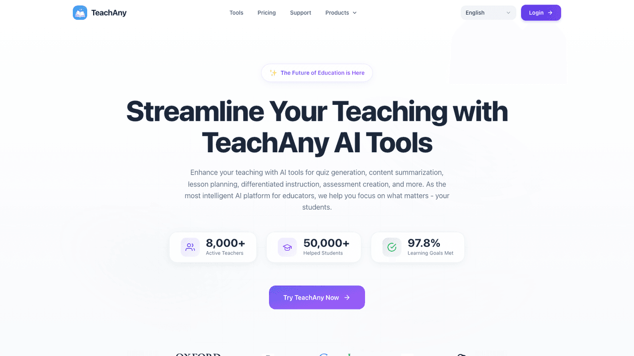 TeachAny interface screenshot - An AI platform for teachers with quiz, worksheet, lesson-plan and rubric generators plus flashcards and differentiation tools, built to cut lesson-prep time.