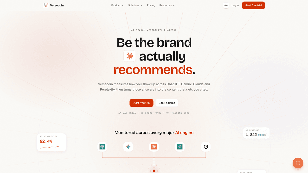 Verseodin interface screenshot - AI-search visibility platform that tracks how ChatGPT, Gemini, Claude and Grok mention and cite your brand, with GEO and AEO audits and competitor analysis.