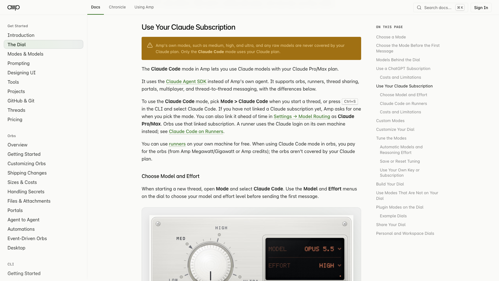 Amp docs section Use Your Claude Subscription with a warning that Amp's own medium, high and ultra modes are never covered by your Claude plan and only Claude Code mode uses it