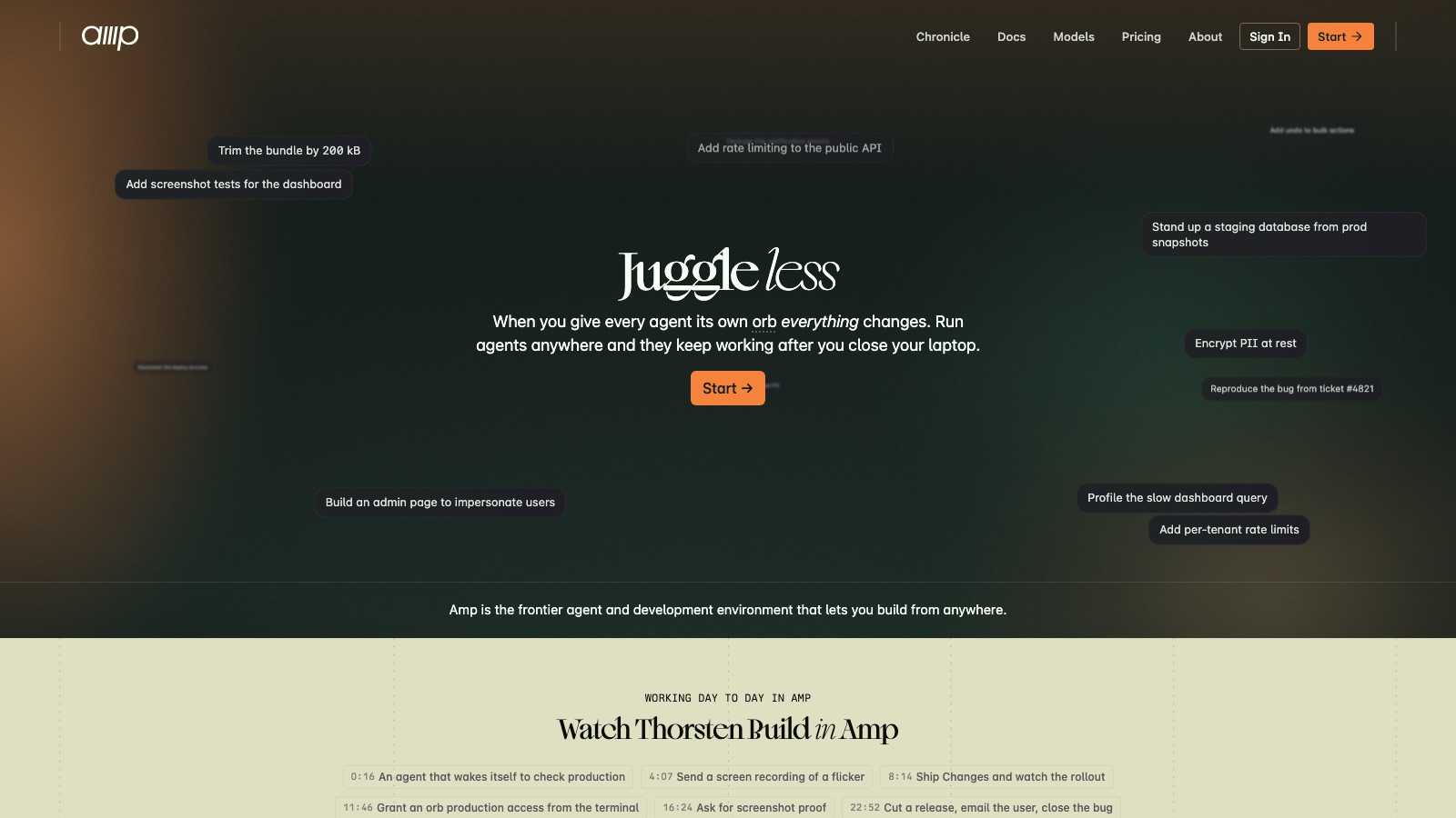 Ampcode homepage with the headline Juggle less, the line When you give every agent its own orb everything changes, and a Start button