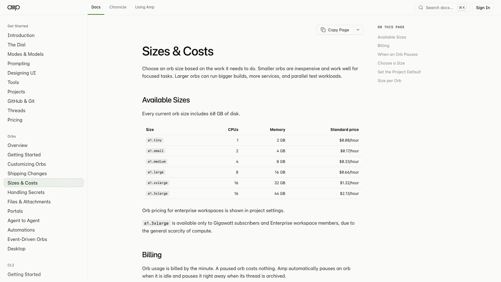 Amp docs Sizes and Costs table listing orb sizes from a1.tiny at $0.08 an hour to a1.3xlarge at $2.13 an hour, each with 60 GB of disk
