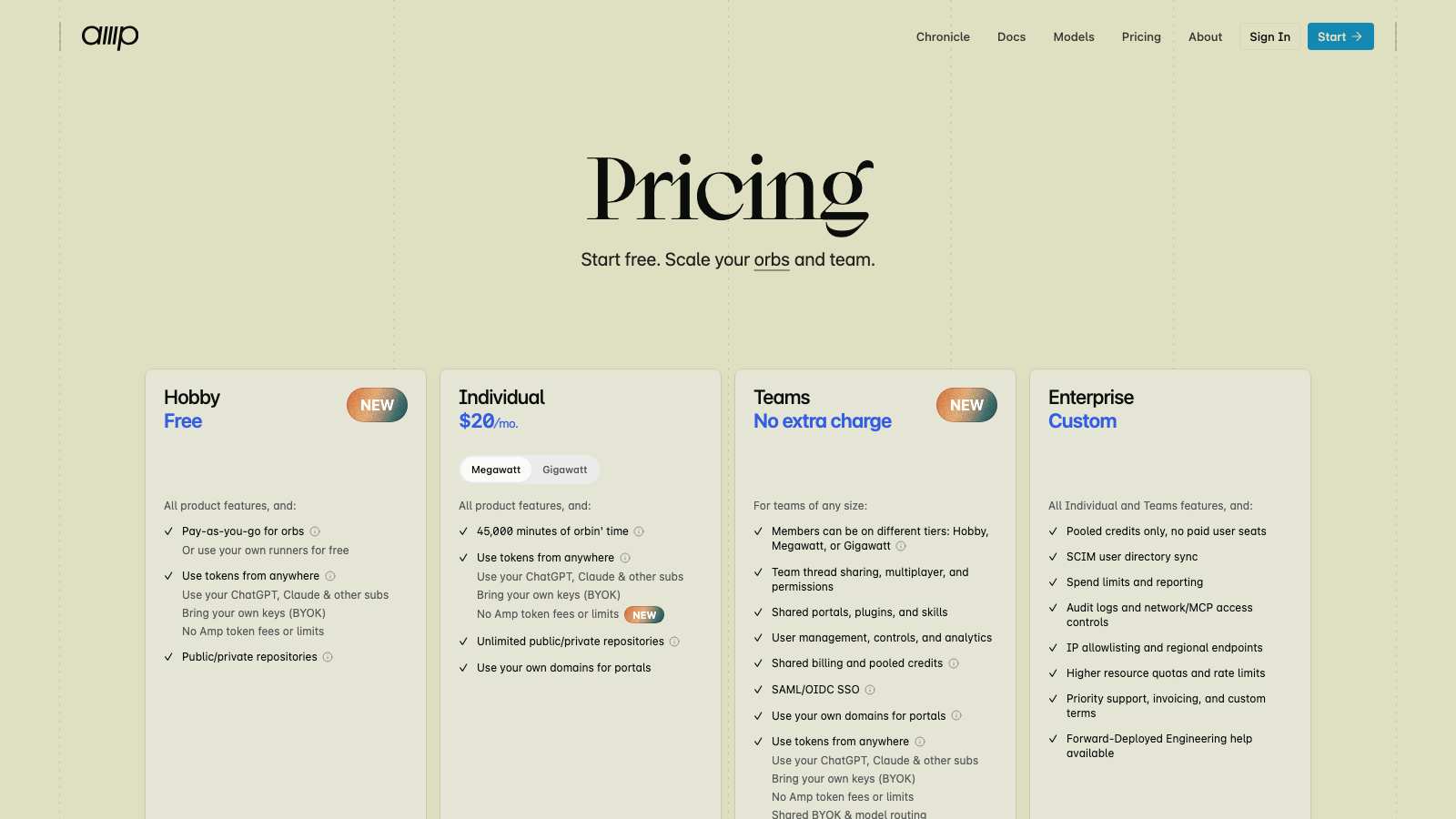 Ampcode pricing page on 12 October 2026 showing Hobby free with pay-as-you-go orbs, Individual Megawatt at $20 a month with 45,000 minutes of orbin' time, Teams at no extra charge and Enterprise custom