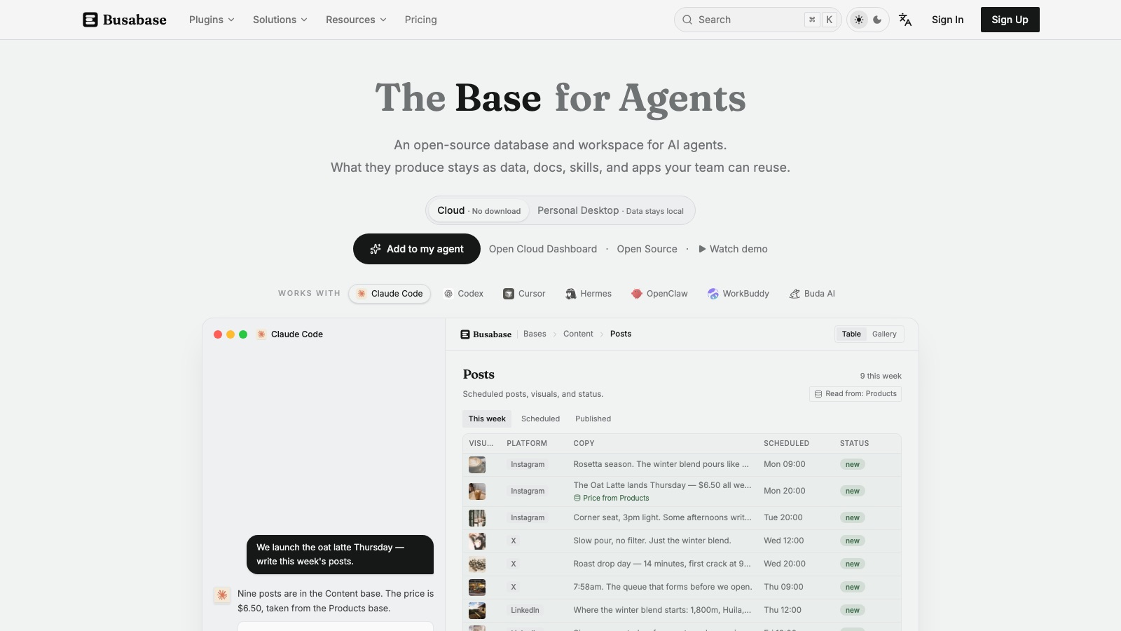 Busabase homepage, an emerging AI tool billed as an open-source database and workspace for AI agents, with a Claude Code chat next to a table of scheduled posts