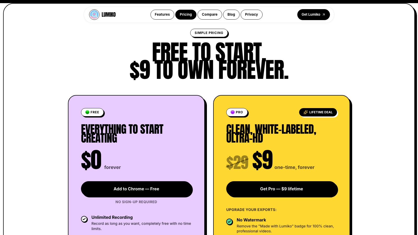 Lumiko pricing page for the new AI screen recorder: free forever, or Pro at $9 one-time with the $29 regular price struck through