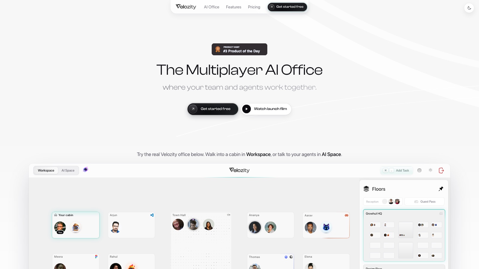 Velozity homepage reading The Multiplayer AI Office, above a live office where people and AI agents sit in named cabins