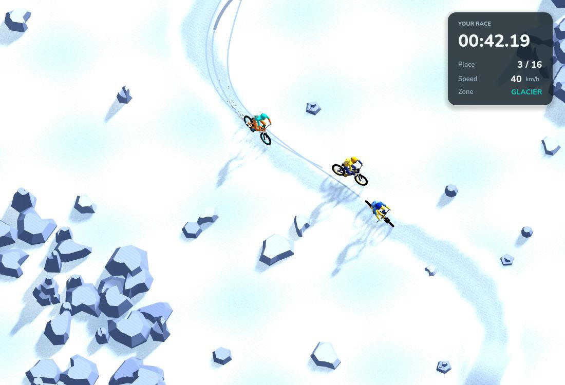 Spring Rider race on the glacier 42 seconds in, from the Godot game built by Multica agents: the teal and orange rider leads a yellow and a blue rival down a carved snow track past blue-grey rocks, HUD showing place 3 of 16 at 40 km/h
