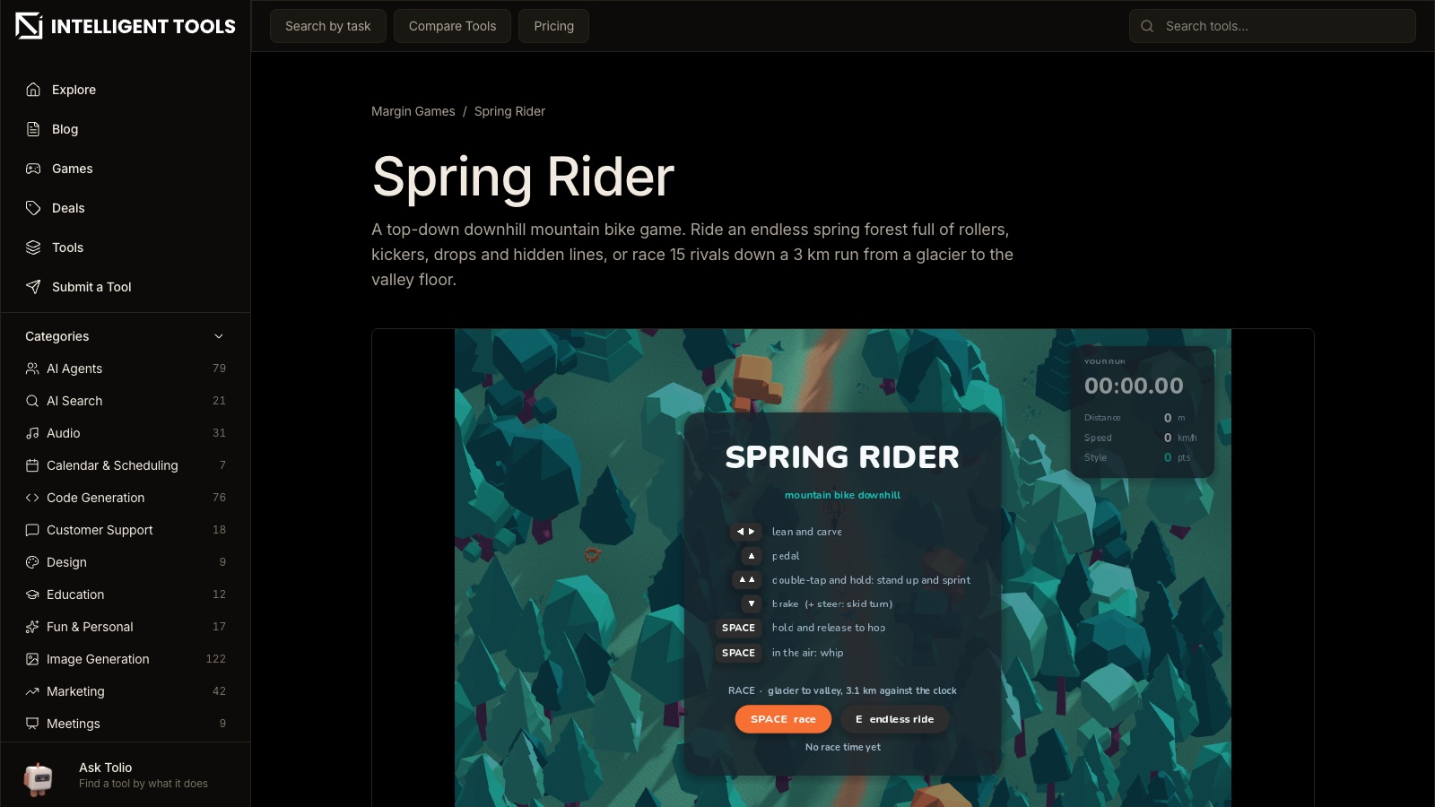 Spring Rider play page on intelligenttools.co, built with Multica agents in Godot: the start screen over a low-poly teal forest, with controls for lean, pedal, sprint, brake, hop and whip, a race button and an endless ride button