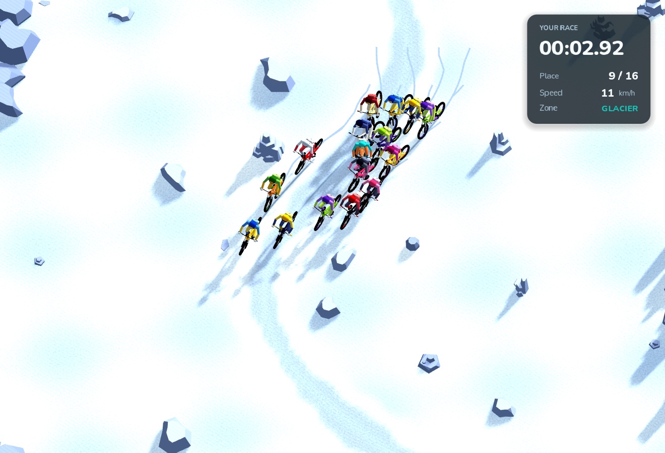 Spring Rider race mode at the mass start on the glacier, a Godot game built by Multica agents: 16 low-poly riders in a pack on snow, with a HUD card showing race time 00:02.92, place 9 of 16, speed 11 km/h and zone Glacier