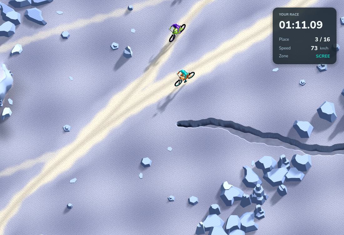 Spring Rider race in the scree zone, a Godot game built by Multica agents: two riders on a pale dirt line across grey scree at 73 km/h, passing a dark crevasse cut into the slope and a cluster of blue-grey boulders, HUD showing 01:11.09 and place 3 of 16