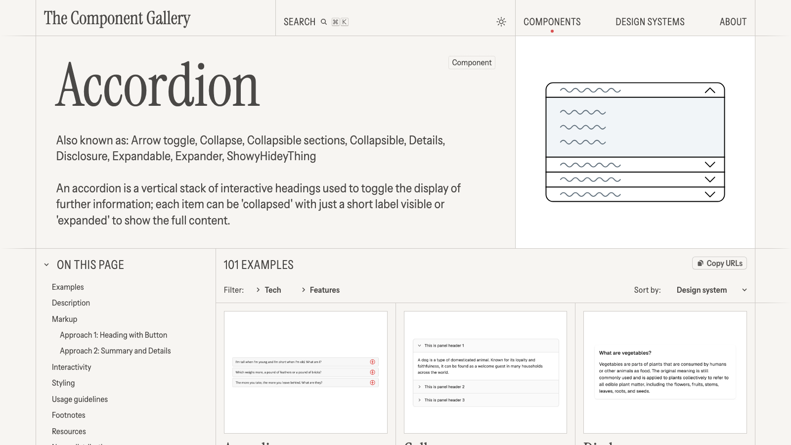 The Component Gallery accordion page listing nine other names, from Collapse and Disclosure to ShowyHideyThing, above 101 examples