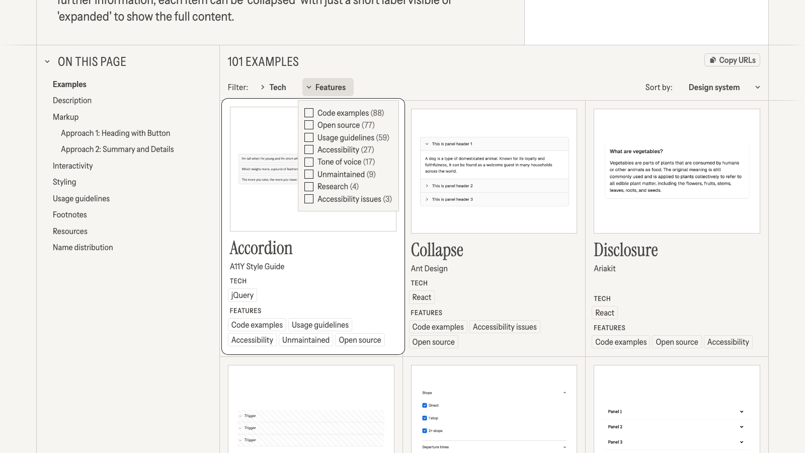 The Component Gallery features filter open on the accordion examples, with counts for code examples (88), accessibility (27) and accessibility issues (3)