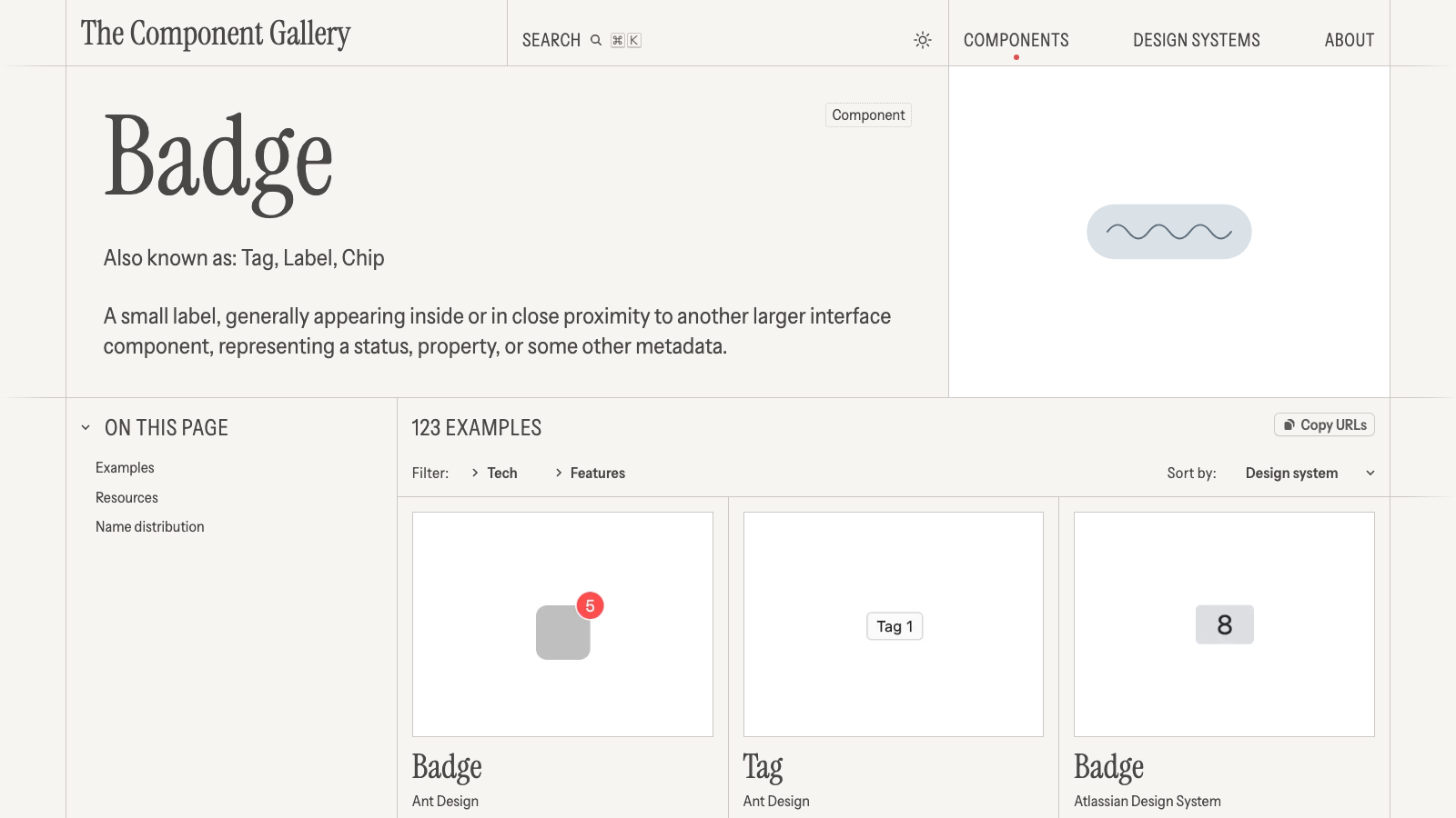 The Component Gallery badge page with 123 examples, showing Ant Design shipping both a Badge and a Tag next to Atlassian's Badge