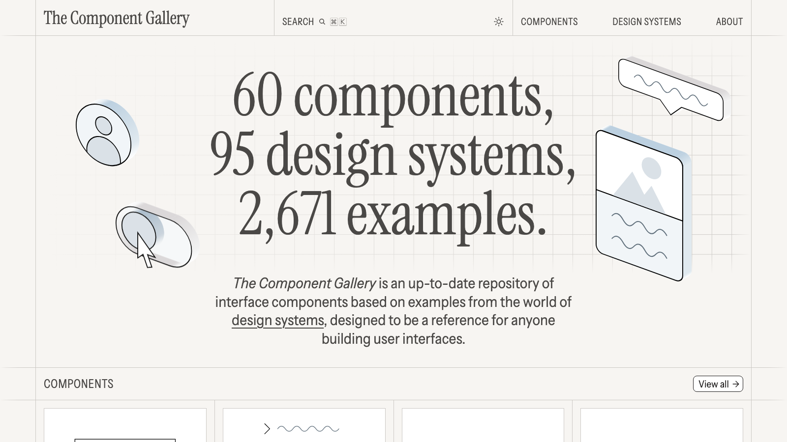 The Component Gallery homepage headline reading 60 components, 95 design systems, 2,671 examples