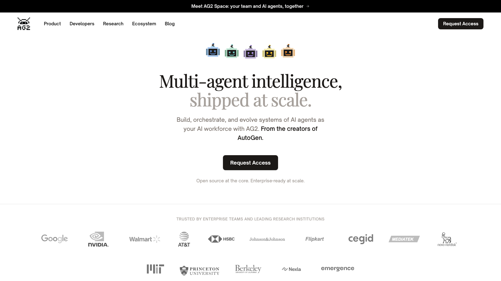 AG2 homepage with the headline Multi-agent intelligence, shipped at scale, the line From the creators of AutoGen, and a Request Access button