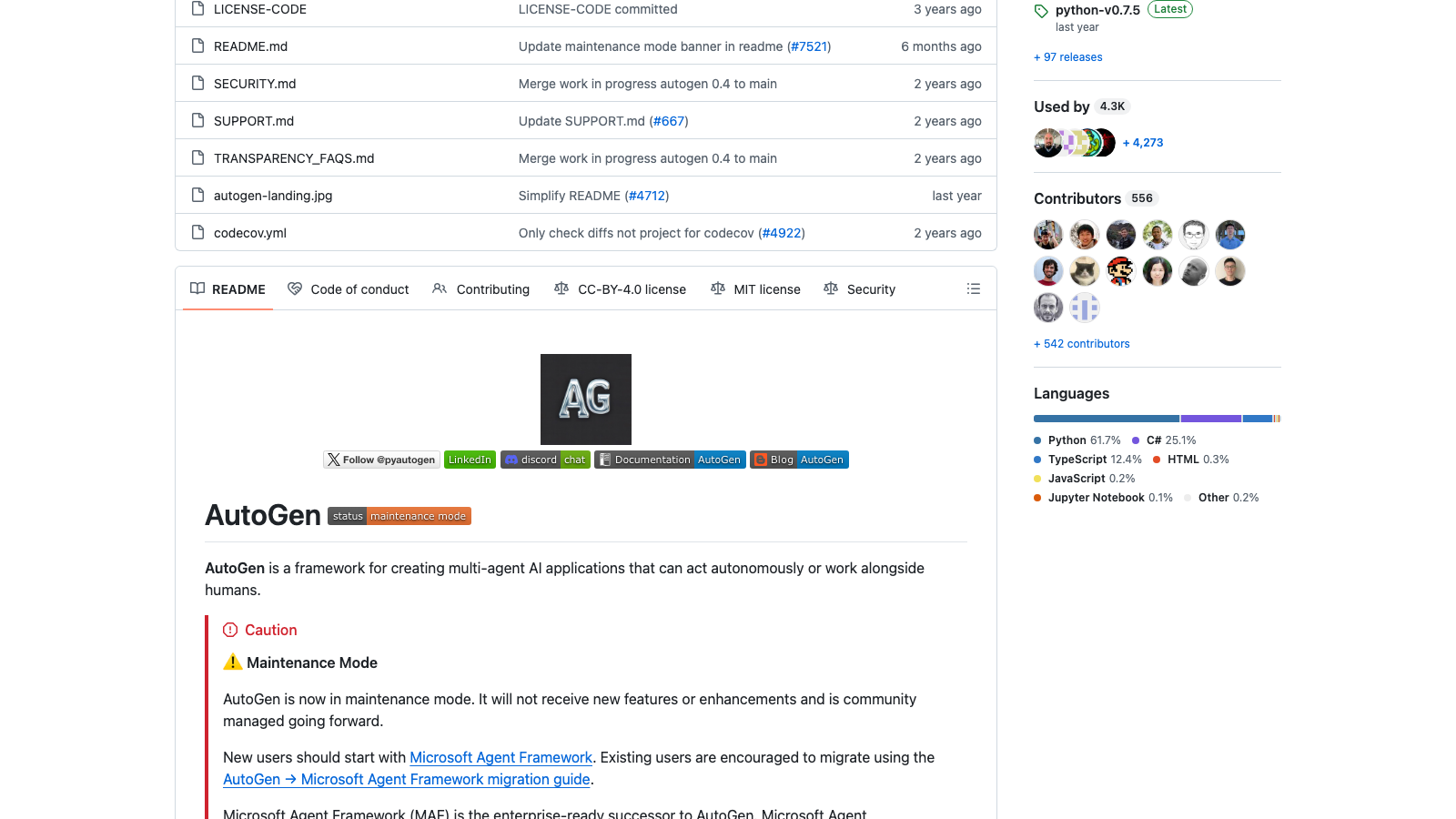 Microsoft AutoGen GitHub README showing a maintenance mode status badge and a Caution box saying AutoGen will not receive new features and pointing new users to Microsoft Agent Framework
