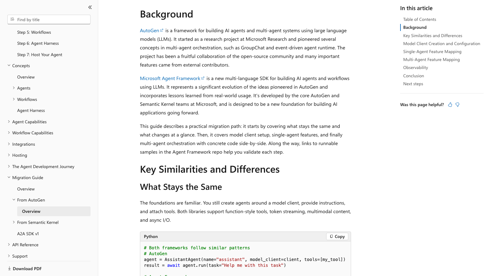 Microsoft Learn AutoGen to Microsoft Agent Framework migration guide, open at the Background and Key Similarities and Differences sections with the side-by-side AutoGen code sample