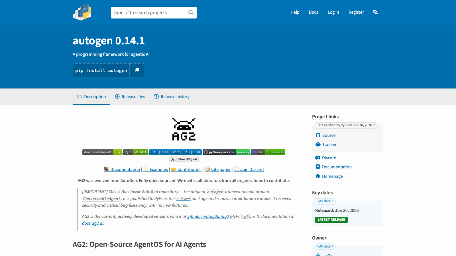 PyPI page for the autogen 0.14.1 package with the AG2 logo and a notice that this is the classic AutoGen repository, published as the autogen package and now in maintenance mode with security and critical bug fixes only